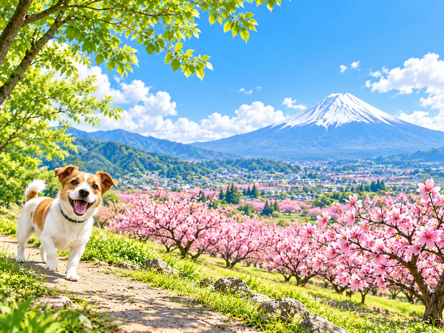 桃の花の畑と富士山と愛犬のイラスト(イメージ)